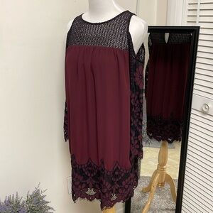 BB Dakota Wine Babydoll Cold Shoulder Dress